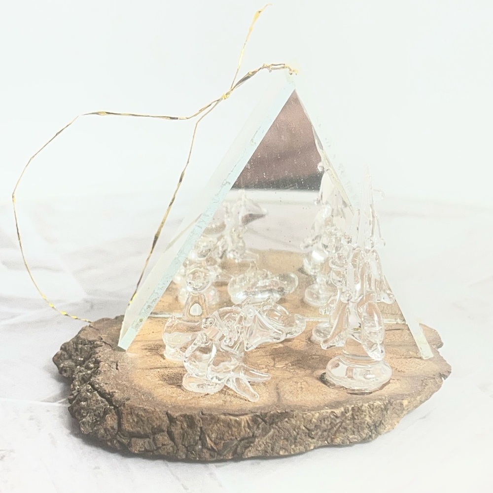 Glass Nativity Ornament Pyramid Rustic Wood Slice Hanging Christmas Decor